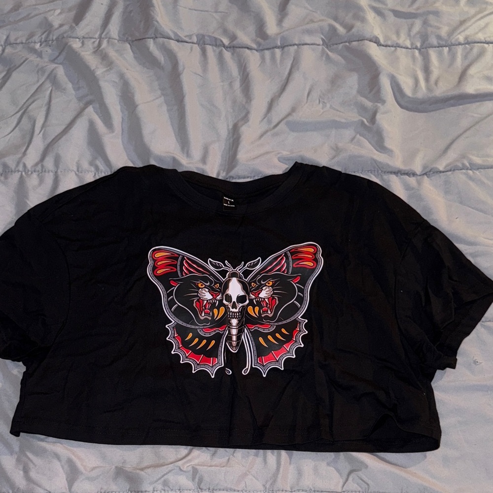 Black Crop Top with Skull and Butterfly Design